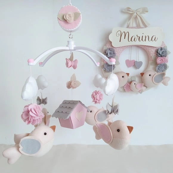 Guirlanda + Móbile Musical Pássaros Cinza e Rosa - Marina