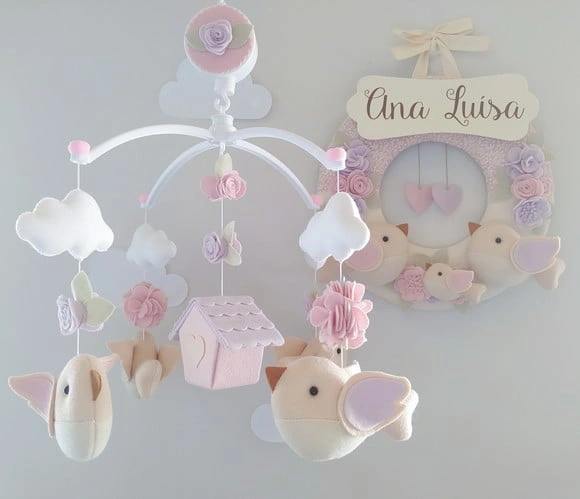 Guirlanda + Móbile Musical Pássaros Lilás e Rosa - Ana Luísa