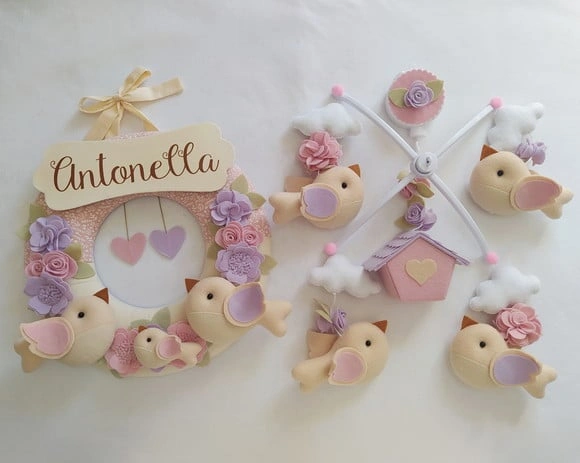 Guirlanda + Móbile Musical Pássaros Lilás e Rosa - Antonella