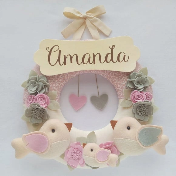Guirlanda Passarinhos de Feltro Cinza e Rosa - Amanda