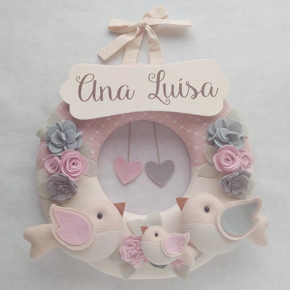 Guirlanda Passarinhos de Feltro Cinza e Rosa - Ana Luísa