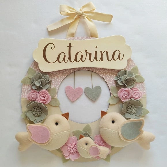 Guirlanda Passarinhos de Feltro Cinza e Rosa - Catarina