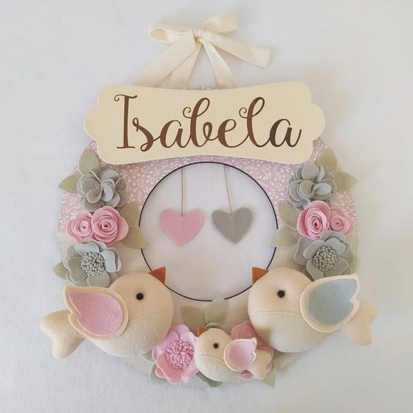 Guirlanda Passarinhos de Feltro Cinza e Rosa - Isabela
