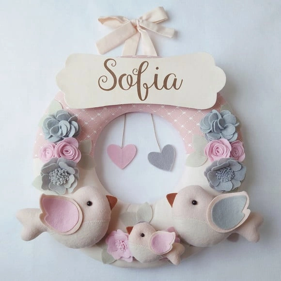 Guirlanda Passarinhos de Feltro Cinza e Rosa - Sofia