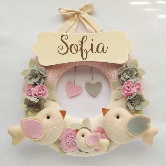 Guirlanda Passarinhos de Feltro Cinza e Rosa - Sofia
