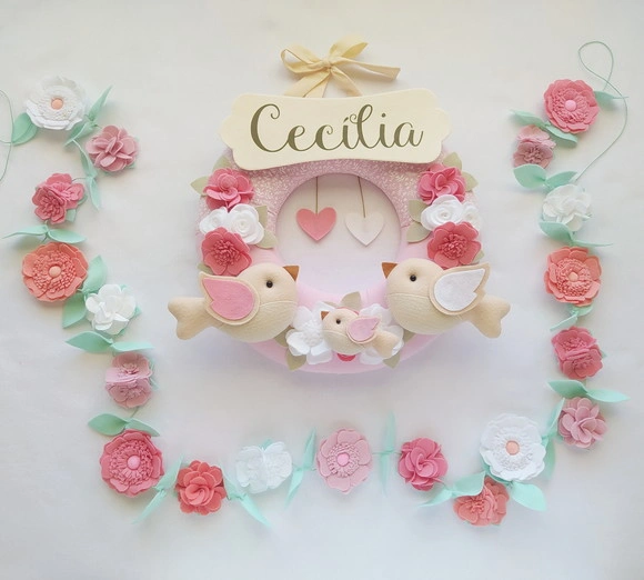 Guirlanda Passarinhos e Varal de Flore Branco e Rosa Cecília