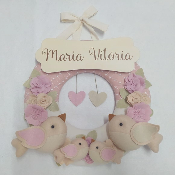 Guirlanda Porta Maternidade Passarinhos Rosa Maria Vitória