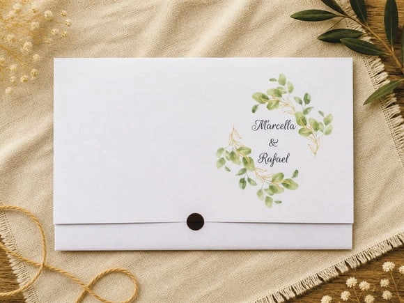 Convite de Casamento Folhagem Verde e Dourado Ref 2482