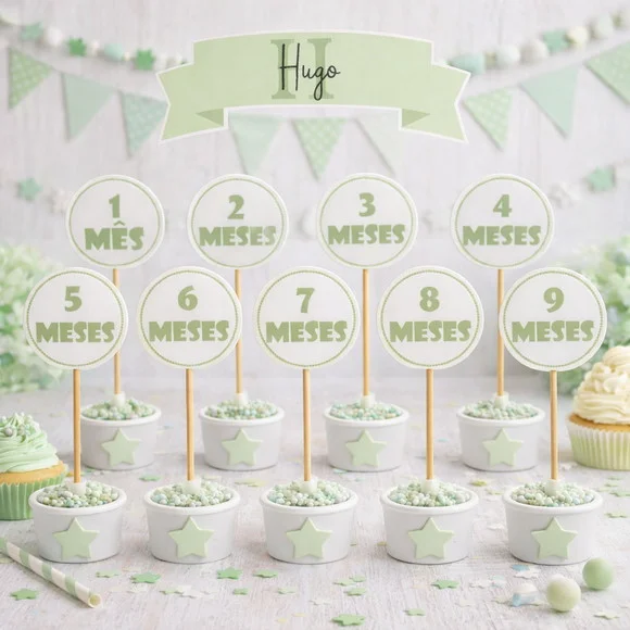 Kit 12 Topos Bolo Mesversário Personalizado Verde