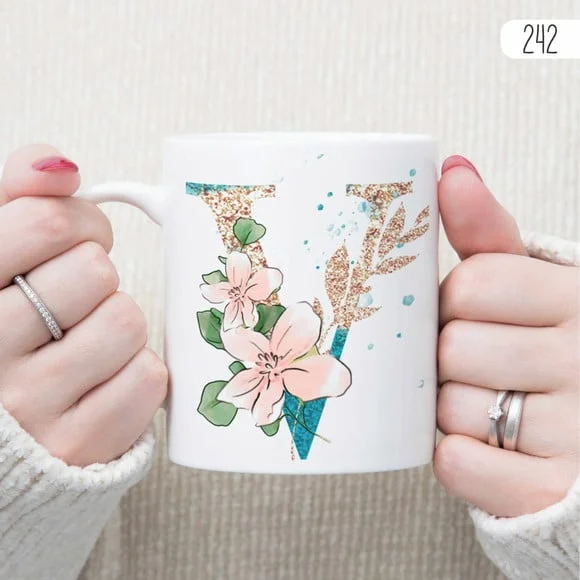 Kit 2 Canecas de Porcelana Alfabeto com Floral Personalizada
