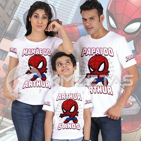 Kit 3 Blusas Homem Aranha Aniversário Camisa Kit Familia