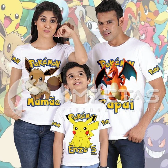 Kit 3 Blusas Pokemon Festa Kit Família Papai Mamãe