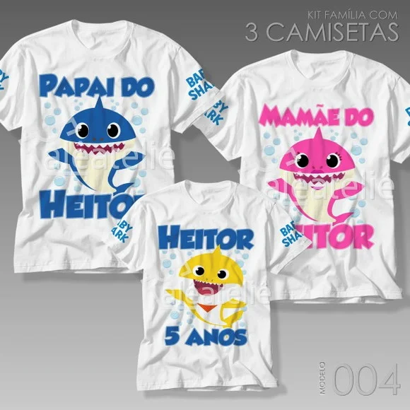 Kit 3 Camisetas Baby Shark Festa Aniversário Kit Família