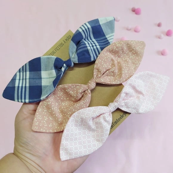 Kit 3 Laços Isa G - Xadrez Marinho, Folhagens Rosé e Rosa Bb
