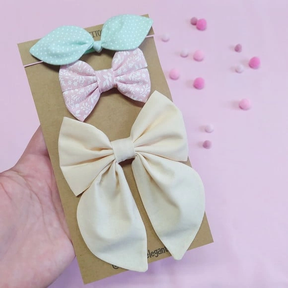 Kit 3 Laços Isa P, Libélula e Bella m - Verde, Rosa e Creme