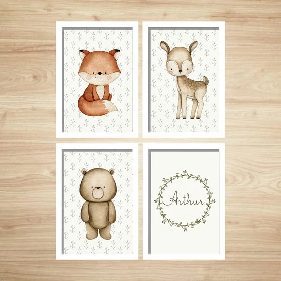 Kit 4 Quadros Animais do Bosque com Vidro 24x33cm