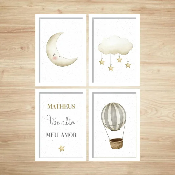 Kit 4 Quadros Voe Alto Balão e Lua com Vidro 24x33cm