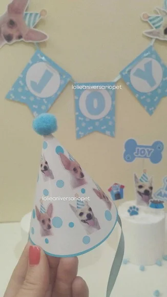 Kit Bandeirola, Topper e Chapeuzinho Aniversário Cachorro
