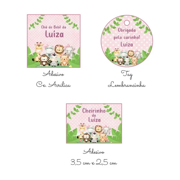 Kit 60 Rótulos Personalizados Chá de Bebê Safari Rosa