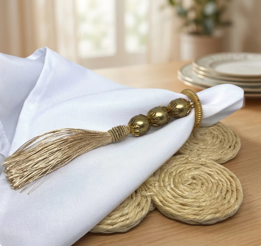 kit com 6 Aneis / Porta-Guardanapos Pérolas e Tassel – Mesa Posta ( Modelo à Escolha)