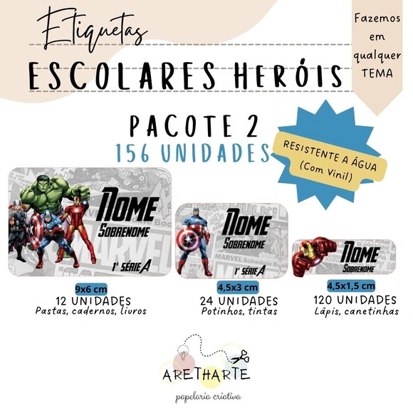 Kit Etiquetas Escolares 156 Unidades - Heróis Avengers
