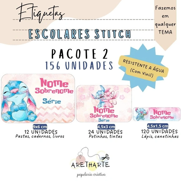 Kit Etiquetas Escolares 156 Unidades - Stitch