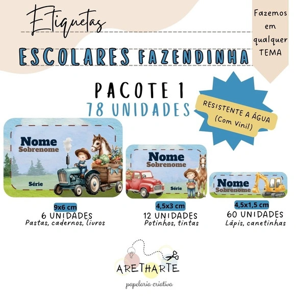 Kit Etiquetas Escolares 78 Unidades - Fazendinha