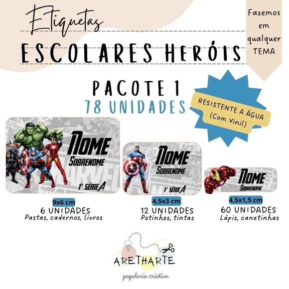 Kit Etiquetas Escolares 78 Unidades - Heróis Avengers