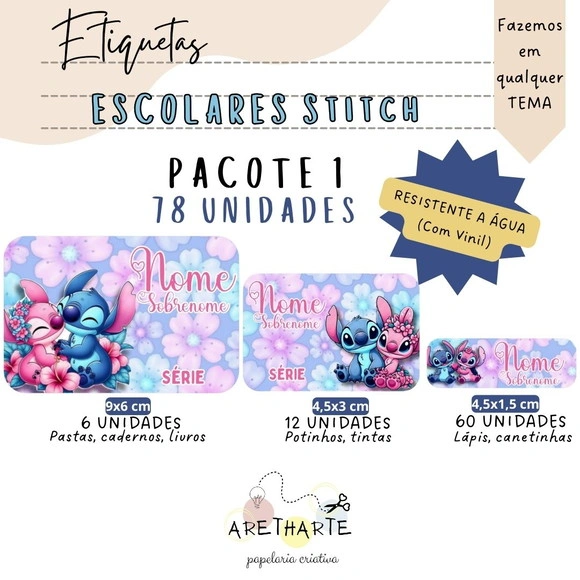 Kit Etiquetas Escolares 78 Unidades - Stitch