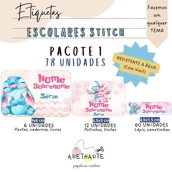 Kit Etiquetas Escolares 78 Unidades - Stitch