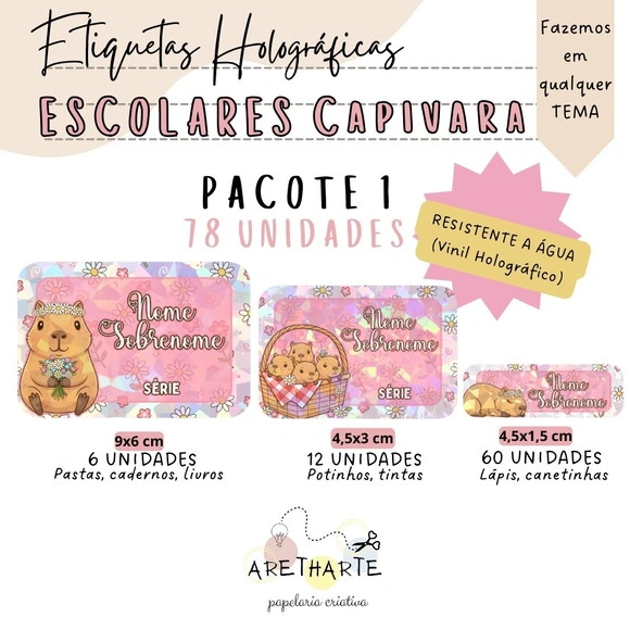 Kit Etiquetas Escolares Holográficas 78 Unidades - Capivara
