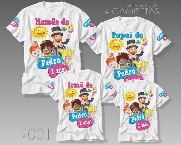 Kit Família 4 Camisetas Mundo Bita e Animais Personalizadas