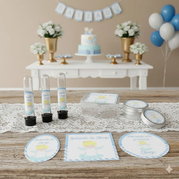 Kit Personalizado Latinha, Tubete, Caixinha Batizado Azul