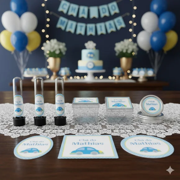 Kit Festa Personalizada Chá de Bebê Carrinho (45 Itens)
