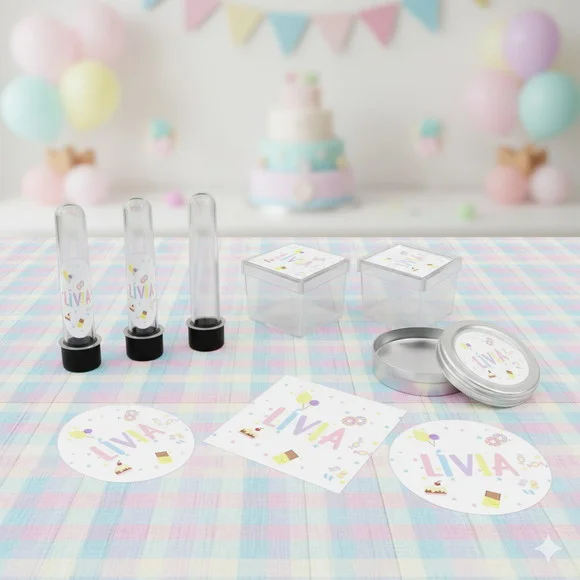 Kit Personalizado Latinha, Tubete, Caixinha Acrílica Doceria