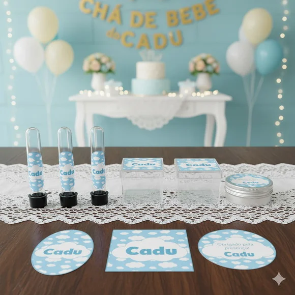 Kit Personalizado Latinha, Tubete, Caixa Acrílica Nuvem Azul