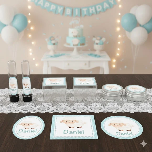 Kit Personalizado Latinha, Tubete, Caixa Acrílica Ovelhinha