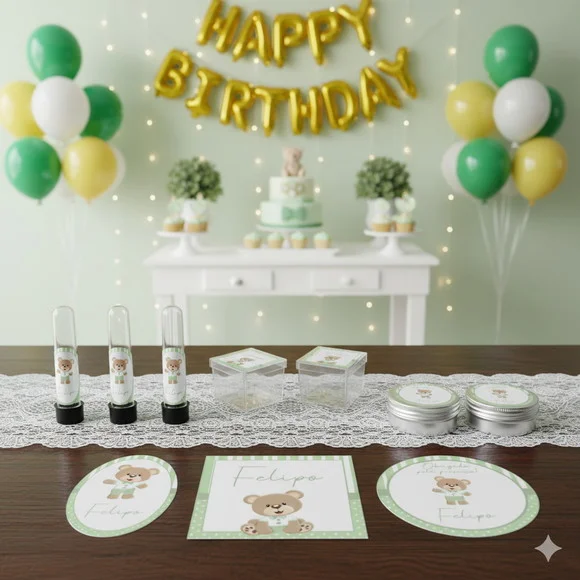 Kit Personalizado Latinha, Tubete, Caixinha Ursinho Verde