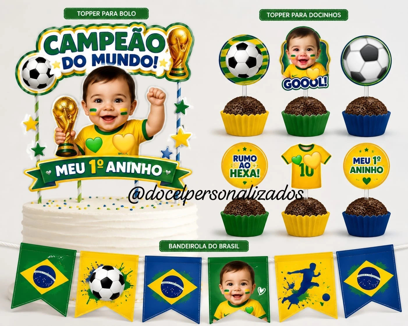 Kit festa só um bolinho Copa do Mundo aniversário, mesversário,  com foto rostinho bebê decoração copa do mundo Brasil