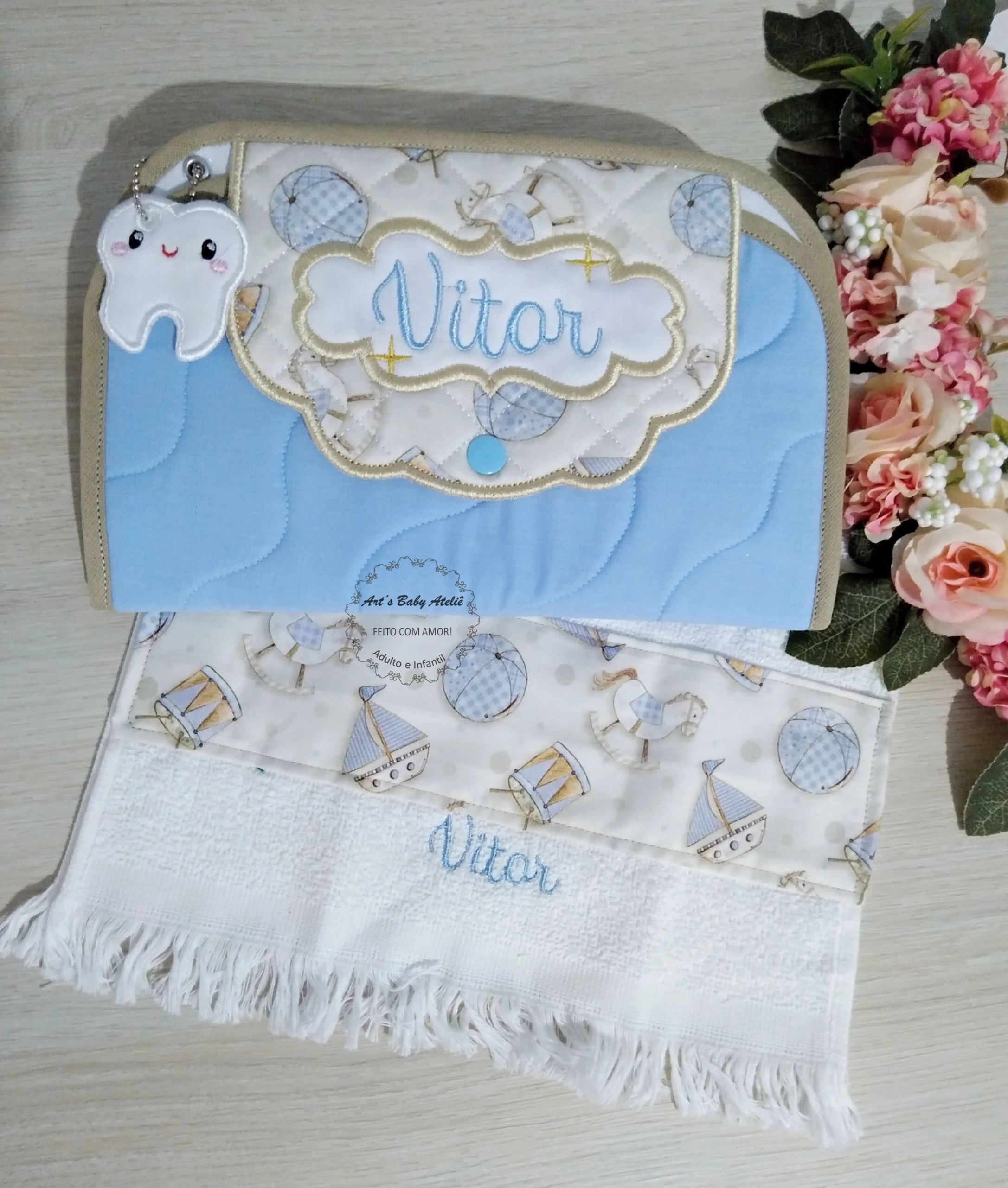 Kit Higiene Escolar Infantil Personalizado com Nome Bordado | Porta Escova, Pasta de Dente e Toalhinha Impermeável personalizada