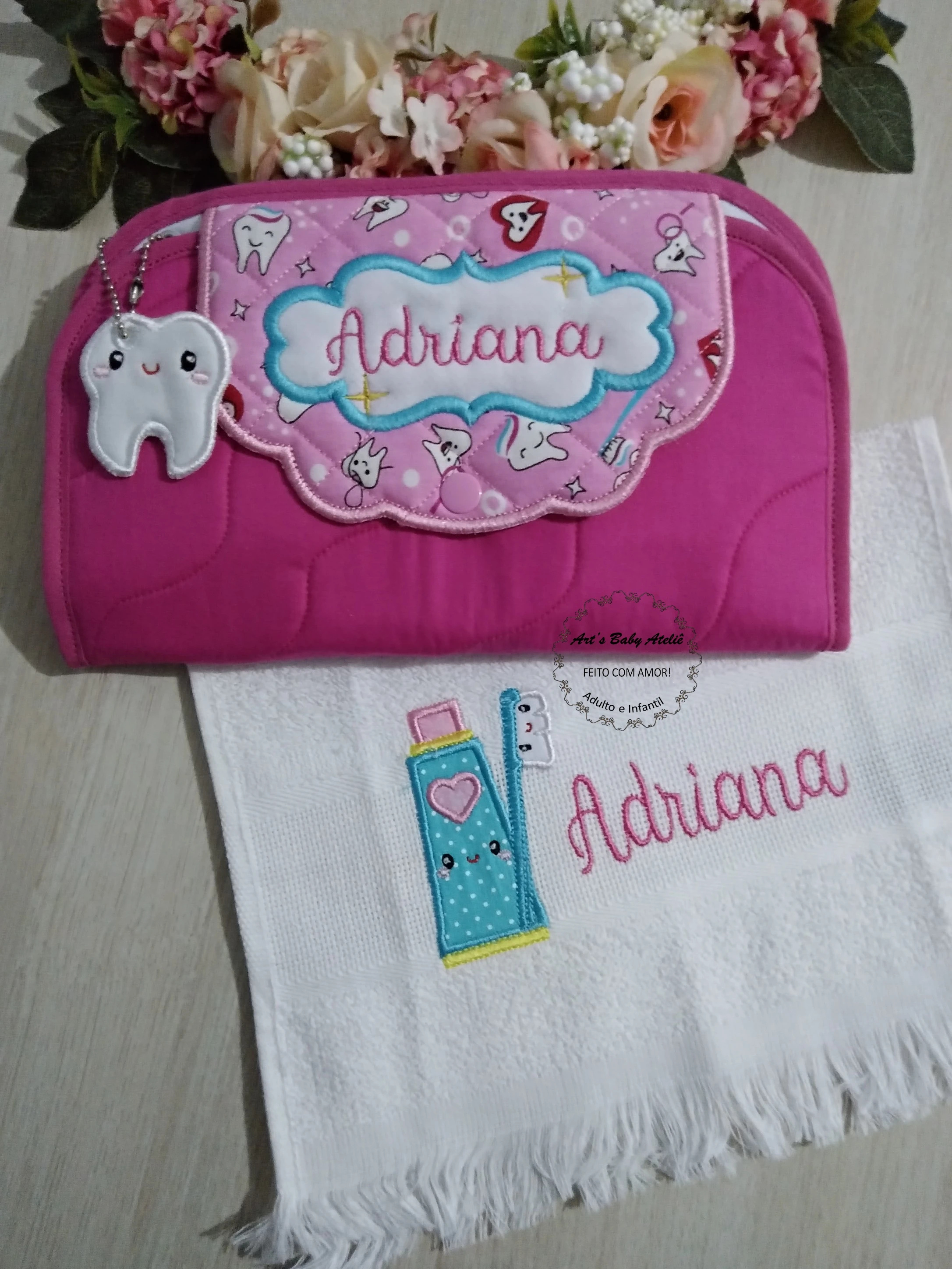 Kit Higiene Escolar Infantil Personalizado com Nome Bordado | Porta Escova, Pasta de Dente e Toalhinha Impermeável personalizado