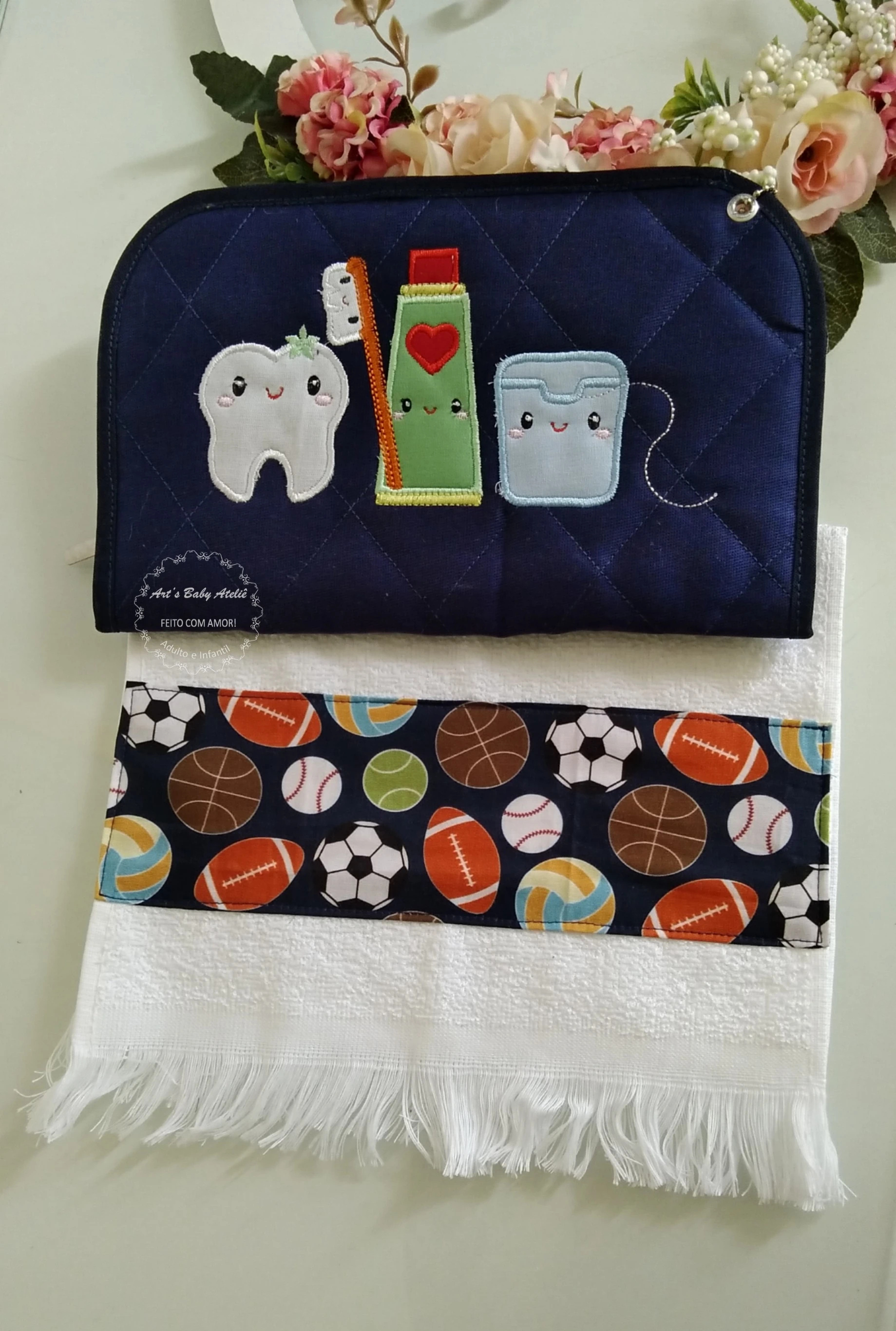 Kit Higiene Escolar Infantil Personalizado com Nome Bordado | Porta Escova, Pasta de Dente e Toalhinha Impermeável personalizado com nome