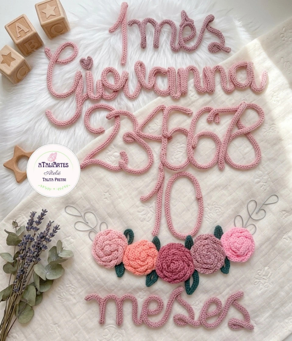 Kit Mêsversário Rosas em Tricotin + 01 nome personalizado