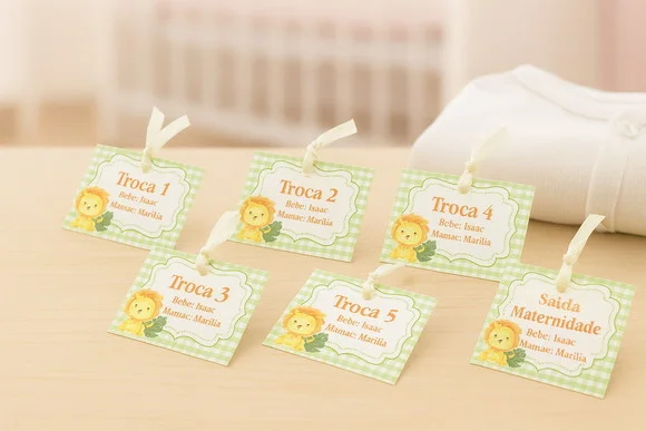 Kit Tag Troca Maternidade Personalizado Leãozinho Aquarela