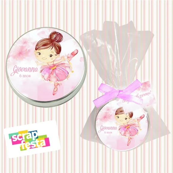 Latinha, Saquinho, Fitinha e Tag Personalizada Bailarina