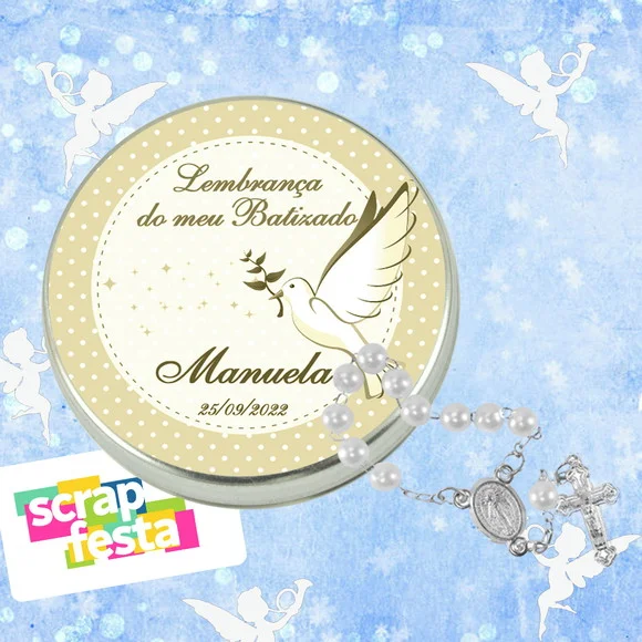 Latinhas Personalizadas Festa Batizado + Mini Terço Branco