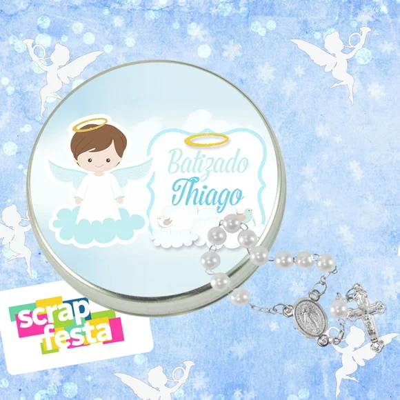Latinhas Personalizadas Festa Batizado + Mini Terço Branco