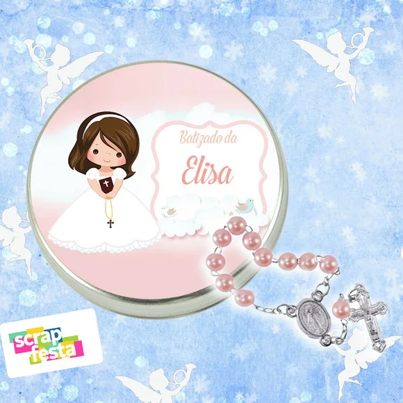 Latinhas Personalizadas Festa Batizado + Mini Terço Rosa