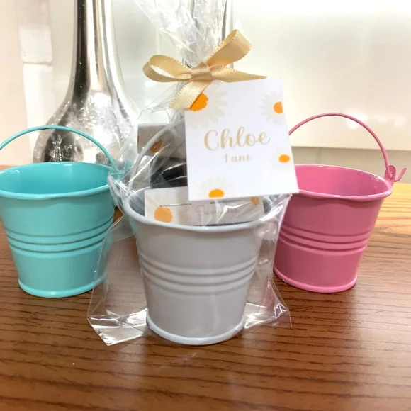 Lembrancinha festa Margarida - kit plantio jardim personalizado com baldinho de metal