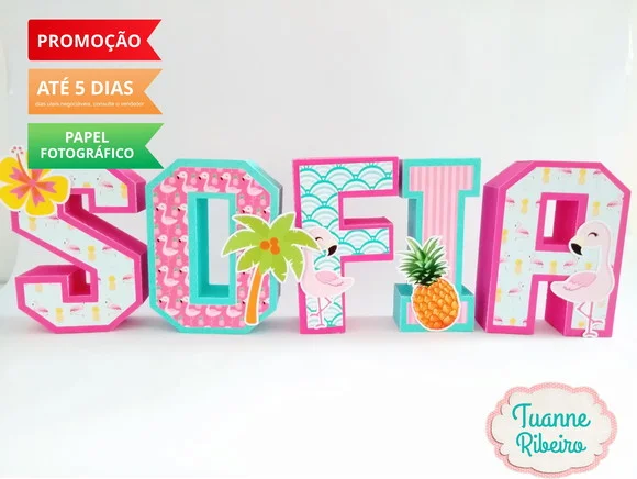 Letra 3D - Abacaxi e Flamingo